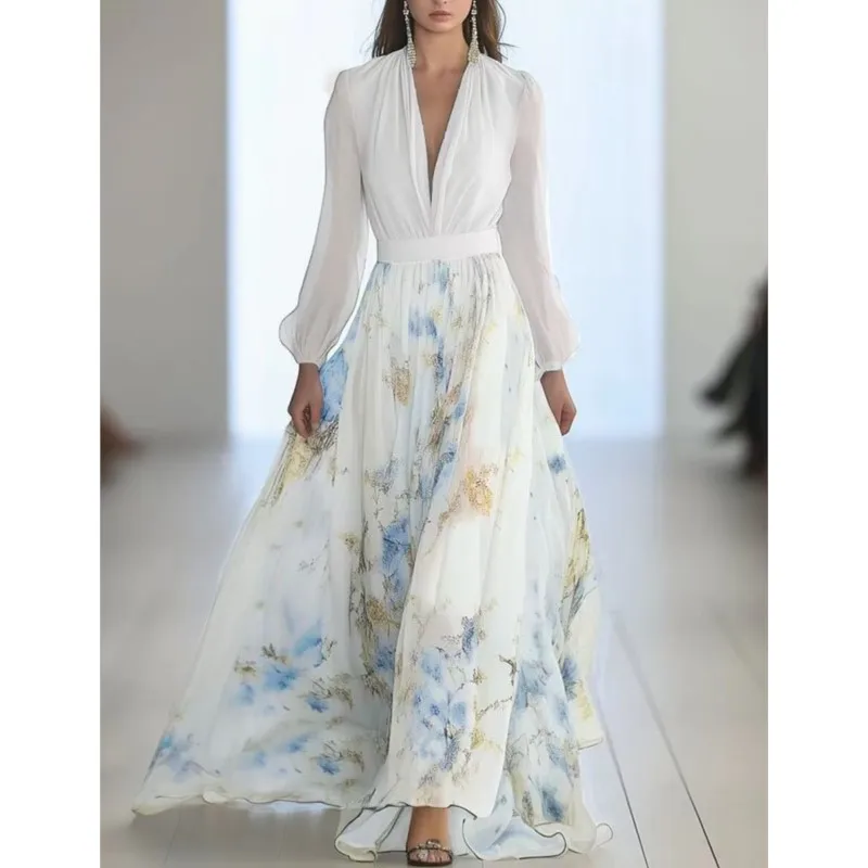 Eleganckie sukienki maxi z kwiatowym nadrukiem i patchworkiem, seksowny dekolt w serek, wysoki stan, długa szata, jesienne bufiaste rękawy, luźne sukienki w stylu boho.