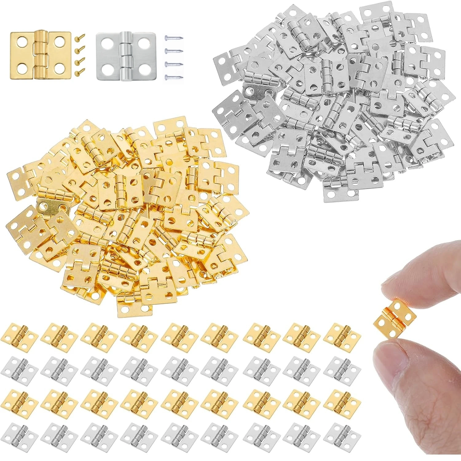 50PCS Mini Brass Hinges for Jewelry Box Small Hinges Gold Silver Tiny Hinge Hardware for DIY Crafts Miniature Cabinet Furniture