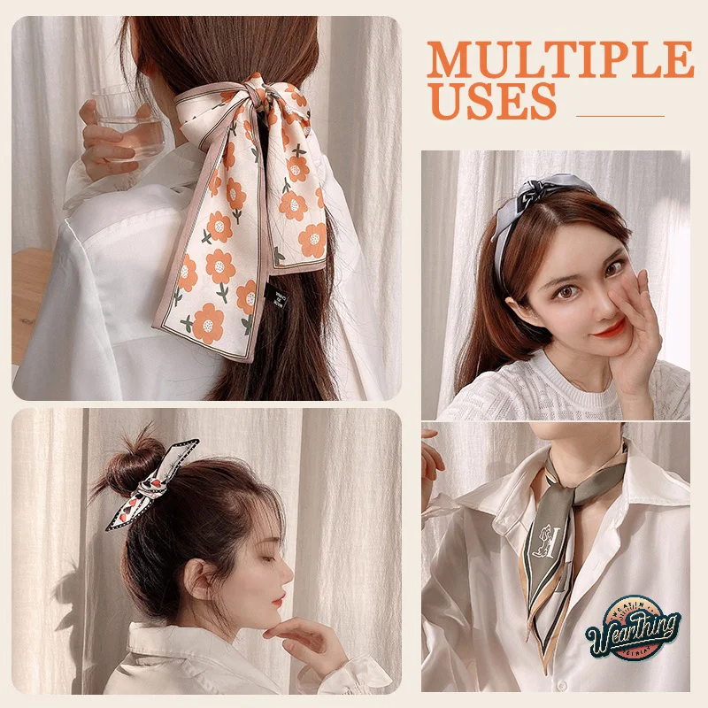 

New Fashion Silk Scarf Hair Band Long Ribbon Bow Korean Printing Letter Hair Scarf Women Ponytail Holder Hair Accessories