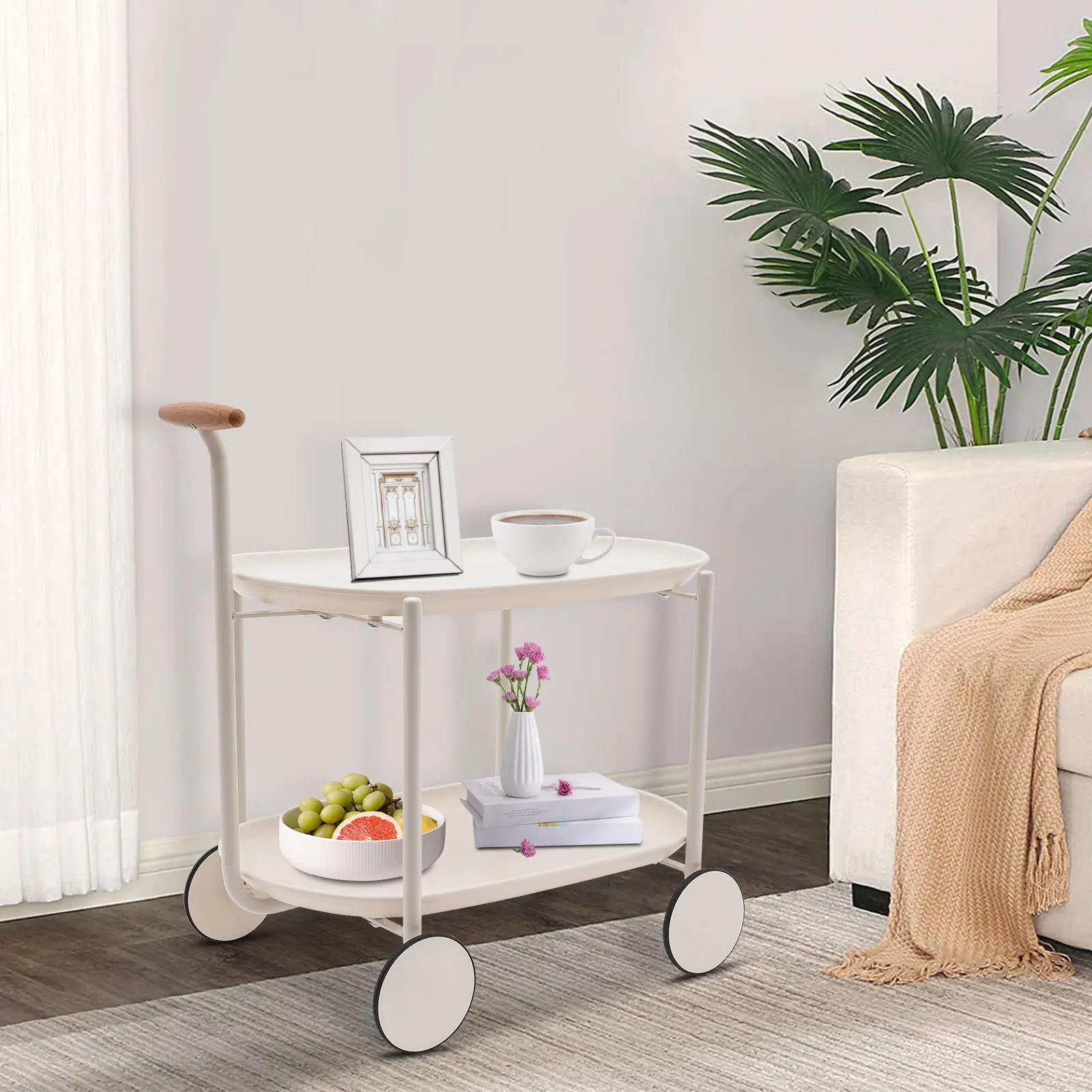 

2-Tier Rolling Cart With Handle, Utility Bar Cart Serving Cart With Wheels Snack Storage Organizer Side Table For Home Kitchen