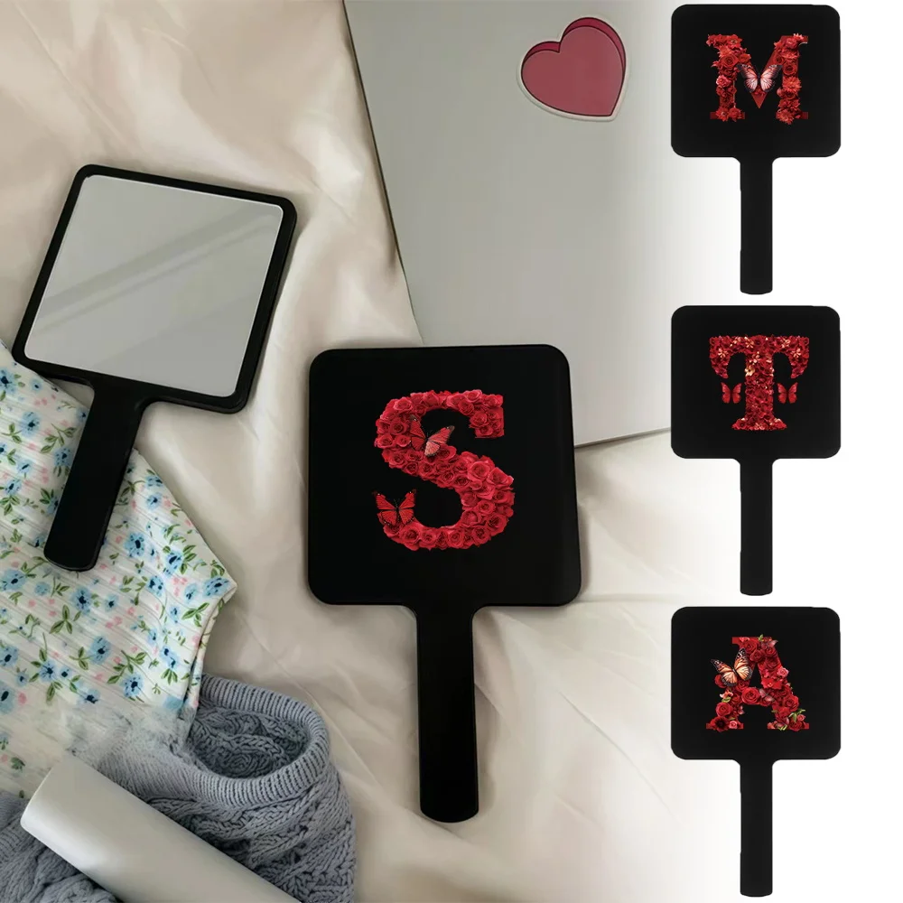 

1pc Square Dual-Use Handheld Vanity Mirror Chic Design Desktop Travel Portable Personalized Gift Initial Name 26 Letters Pattern