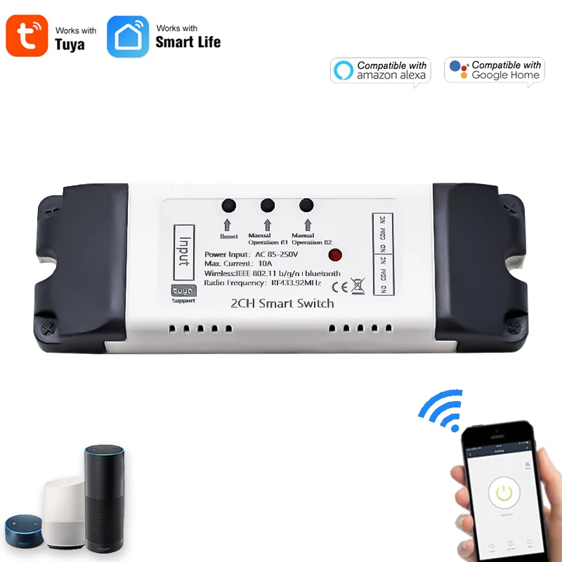 

2CH Wifi Smart Home Motor Controller,AC DC12V 24V 32V 220V RF433 Remote, Inching Pulse Relay for Alexa Google,Tuya Smart Life