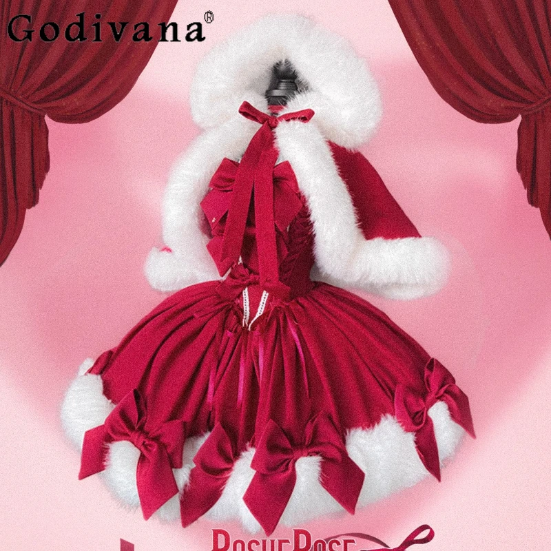 

Winter Christmas Party Red Lolita Cos Plush Warm Dress Poncho Set Girls Women's Sweet Cute Bow New Year Furry Cloak Dress Set