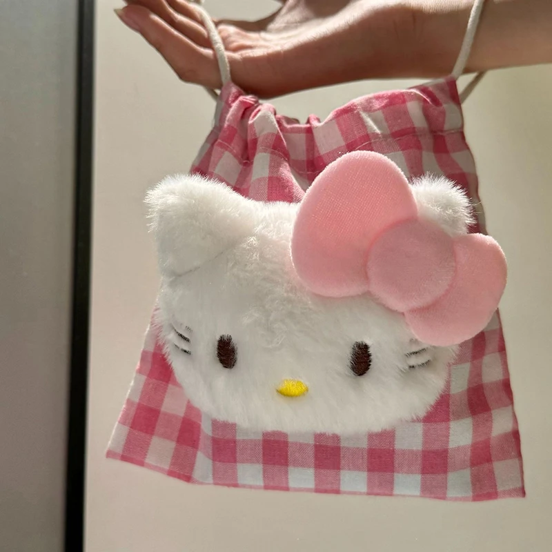 Sanrio Cartoon Kawaii Hello Kitty Pink Plaid Handbag Coin Purse Storage Bag Cosmetic Bag Drawstring Bag For Girls Birthday Gift