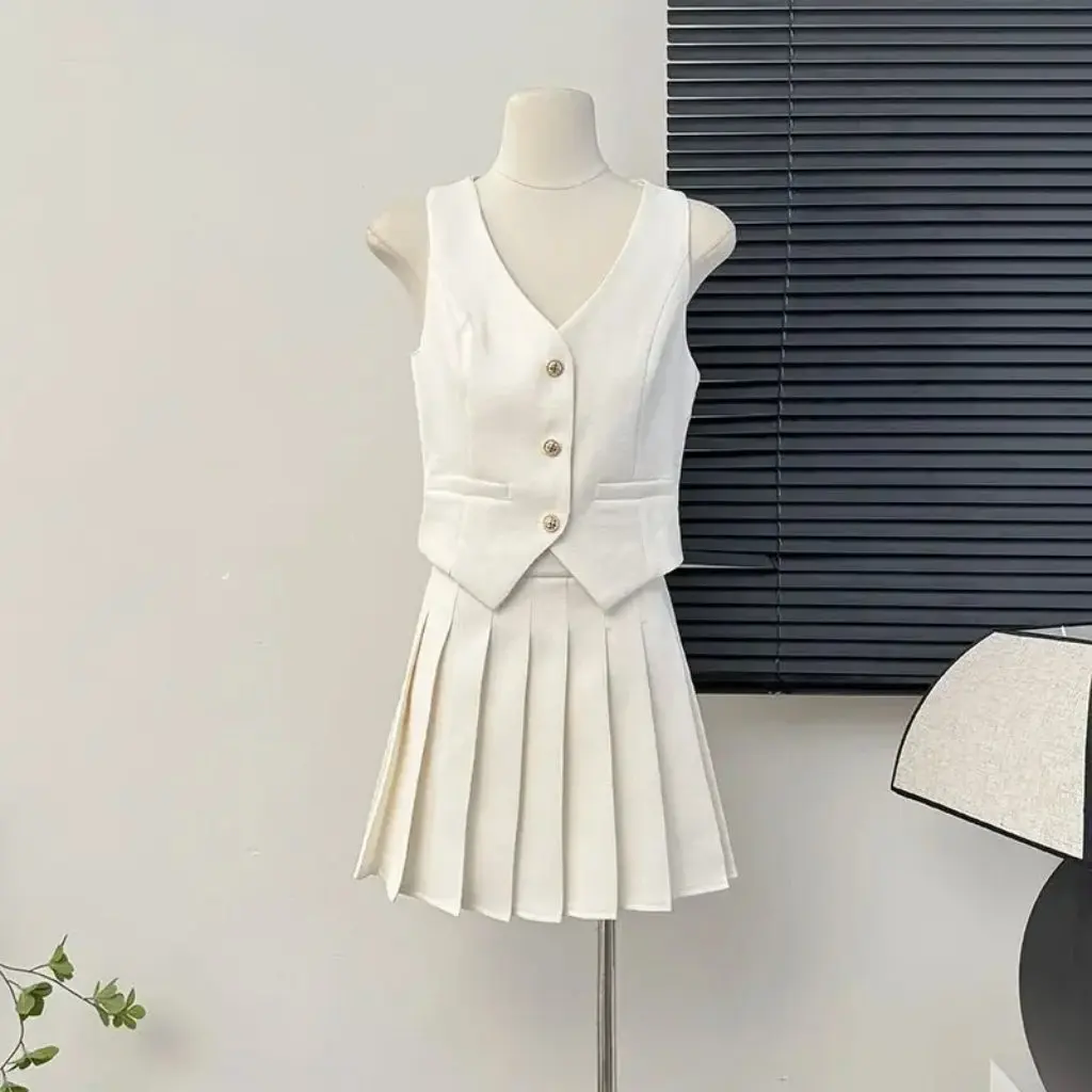 

Женский однобортный костюм во французском стиле с разрезом, жилет, комплект-бретелька, плиссированная юбка с высокой талией, летний наряд из двух предметов