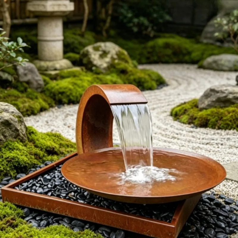 Arch Overflow Flat Round Basin Weather Resistant Metal Water Feature Unit Square Frame Base Villa Courtyard Outdoor Ornament