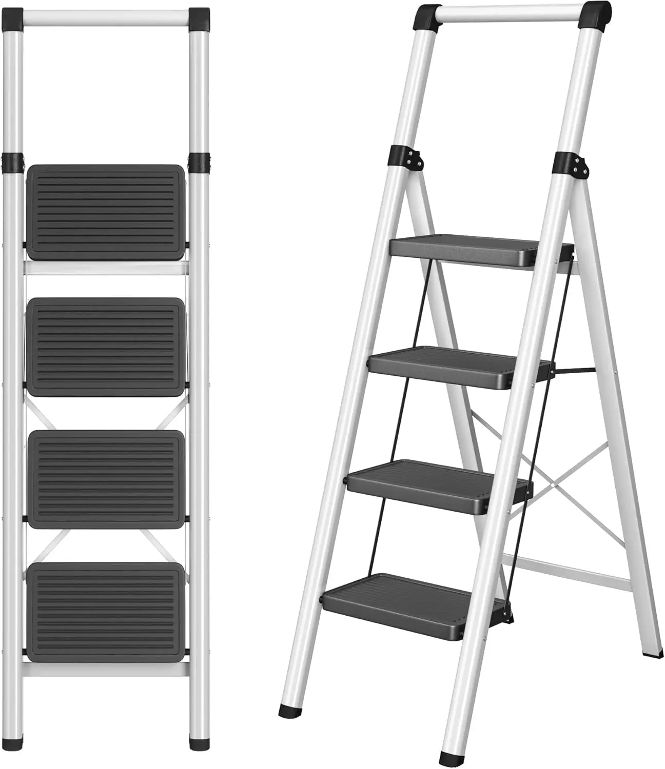 

4-Step Folding Ladder with Anti-Slip Pedals, Steel Construction for Home Use, Black Grey