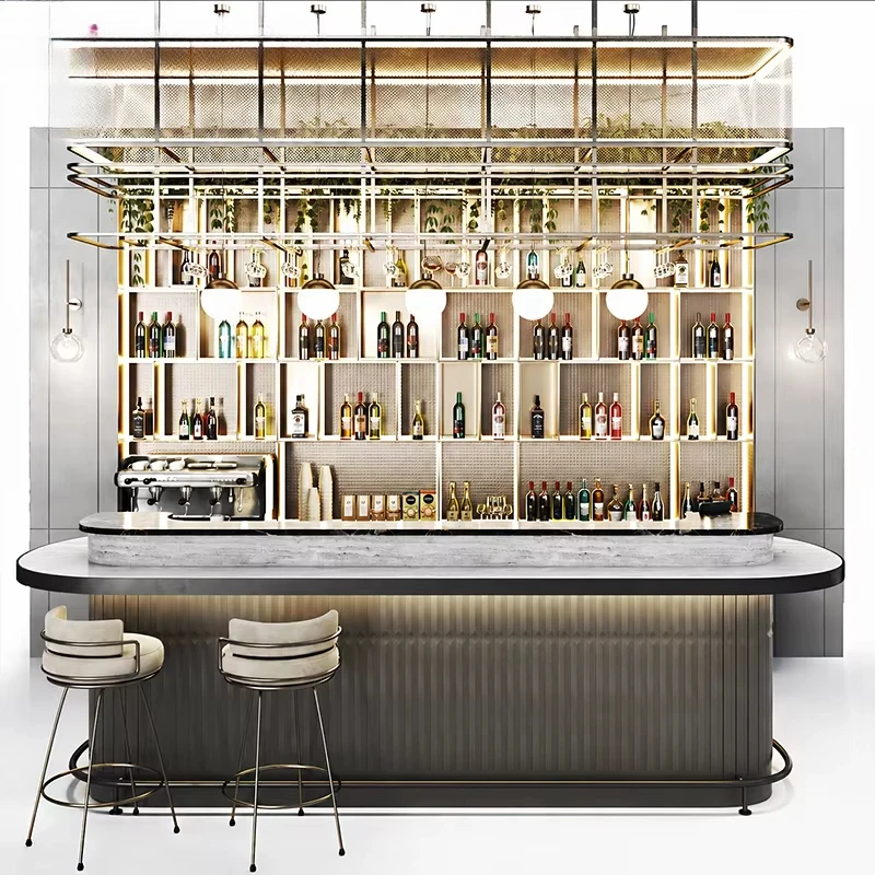 Modern Luxury LED Illuminated Bar Counter and Bottle Display Shelf Custom Commercial Bar Furniture Cafe Restaurant Store Fixture