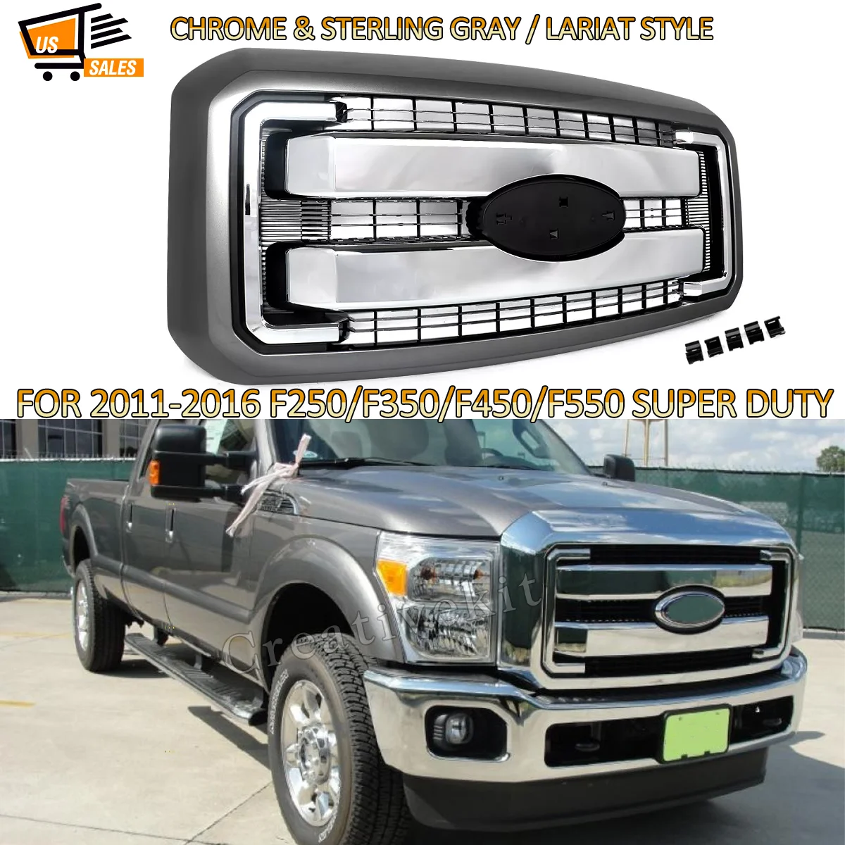 Lariat Style Front Bumper Upper Grille For 2011-2016 Ford F250 F350 F450 F550 Super Duty Front Grill Assembly Sterling Gray UJ