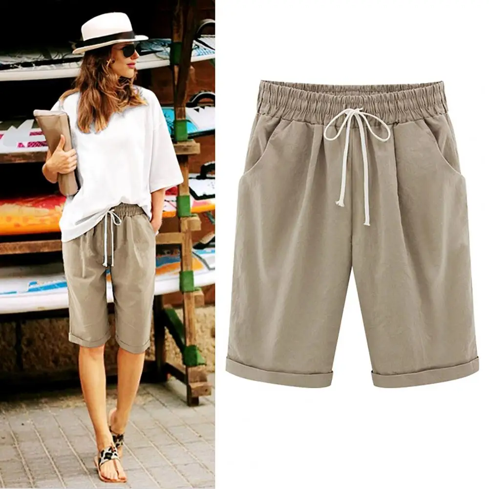 Summer Women Cotton Shorts, Drawstring Elastic Waist Knee Length Wide Leg Pants, Loose Casual Pure Color Lady Short Trousers