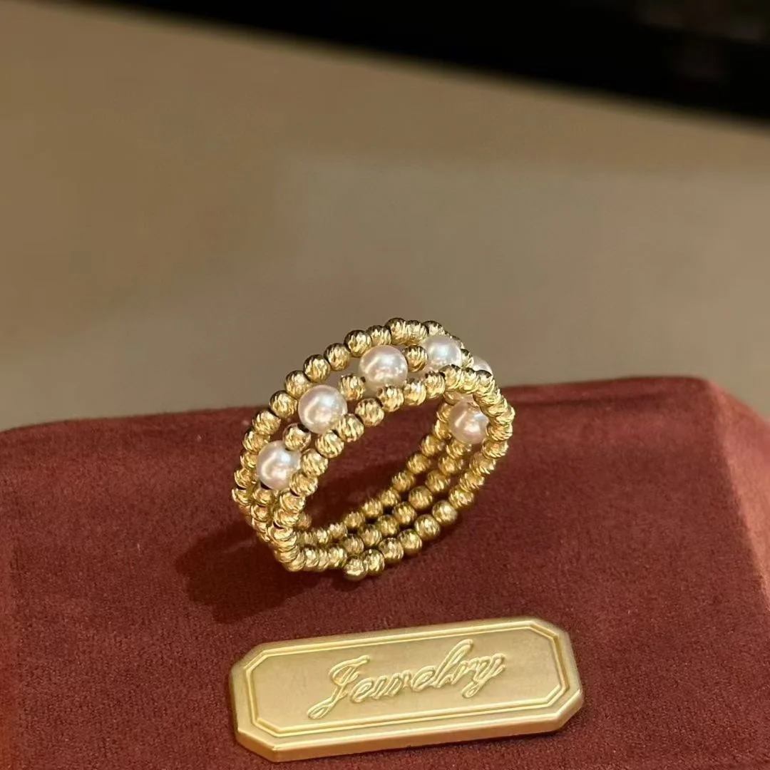 

Certificated 925 Silver Elastic Ring Inlay Freshwater Tiny Pearl 3-4mm Gold Beaded Stretch Open Finger Band Unique Women Jewelry