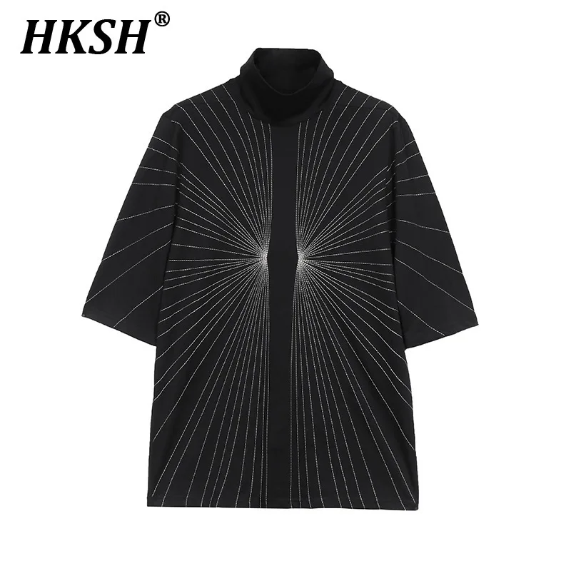 

HKSH Spring Summer New Men's Dark RO Walk Show Ray Embroidery Tees Loose Stand Collar T-shirts Casual Women's Punk Tops HK0982