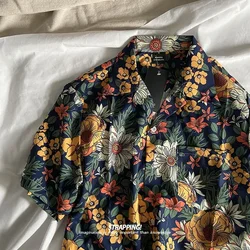 Harajuku Retro Plant Flower Graphic Shirts Men's Boho Fashion Floral Blouse Loose Oversized Lapel Tops Summer Beach Korean Style