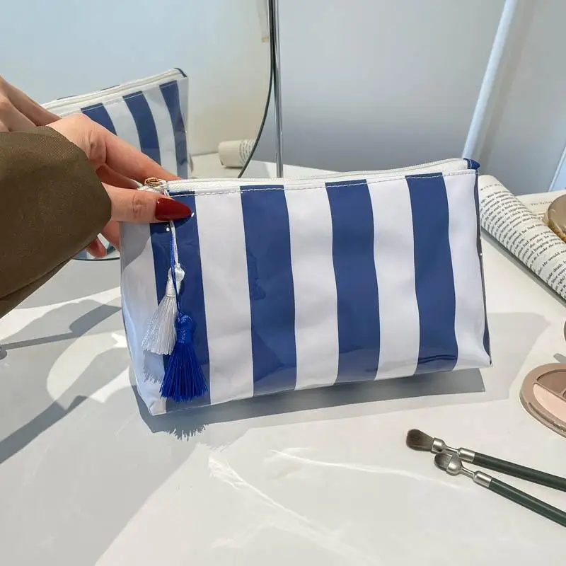 Waterproof Striped Cosmetic Bag Large Capacity Tassel Pendant PVC Toiletry Bag Contrasting Color Smooth Zipper Beach Storage Bag