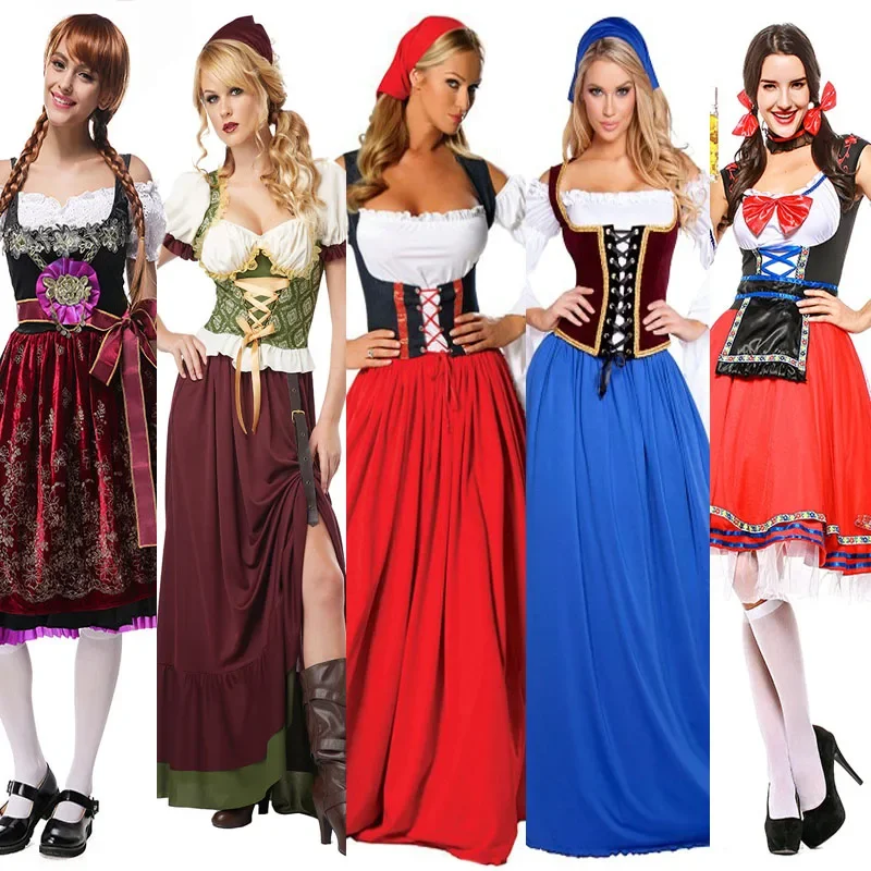 

Ladies Oktoberfest Costume Germany Traditional Bavaria Beer Part Outfit French Wench Long Dress Tavern Maid Fancy Dress