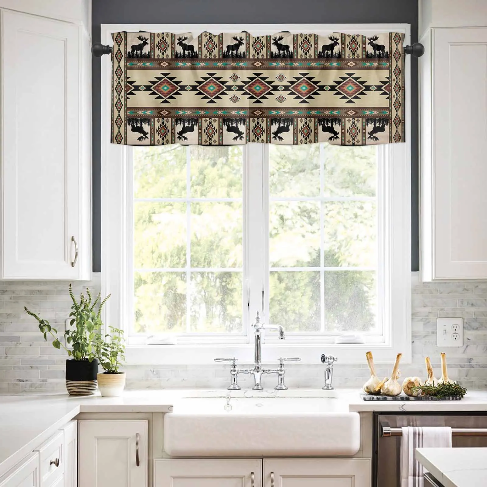 

1PCS Kitchen Short Curtain Valance Classic Aztec Elk Hunting Art Rod Pocket Window Home Decoration
