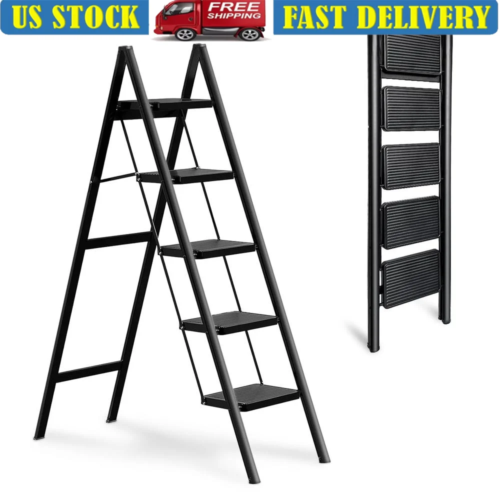 Heavy Duty 5 Step Folding Step Ladder Indoor/Outdoor 330lbs Load Capacity Non-Slip Tall Kitchen Closet Adults Iron Plastic