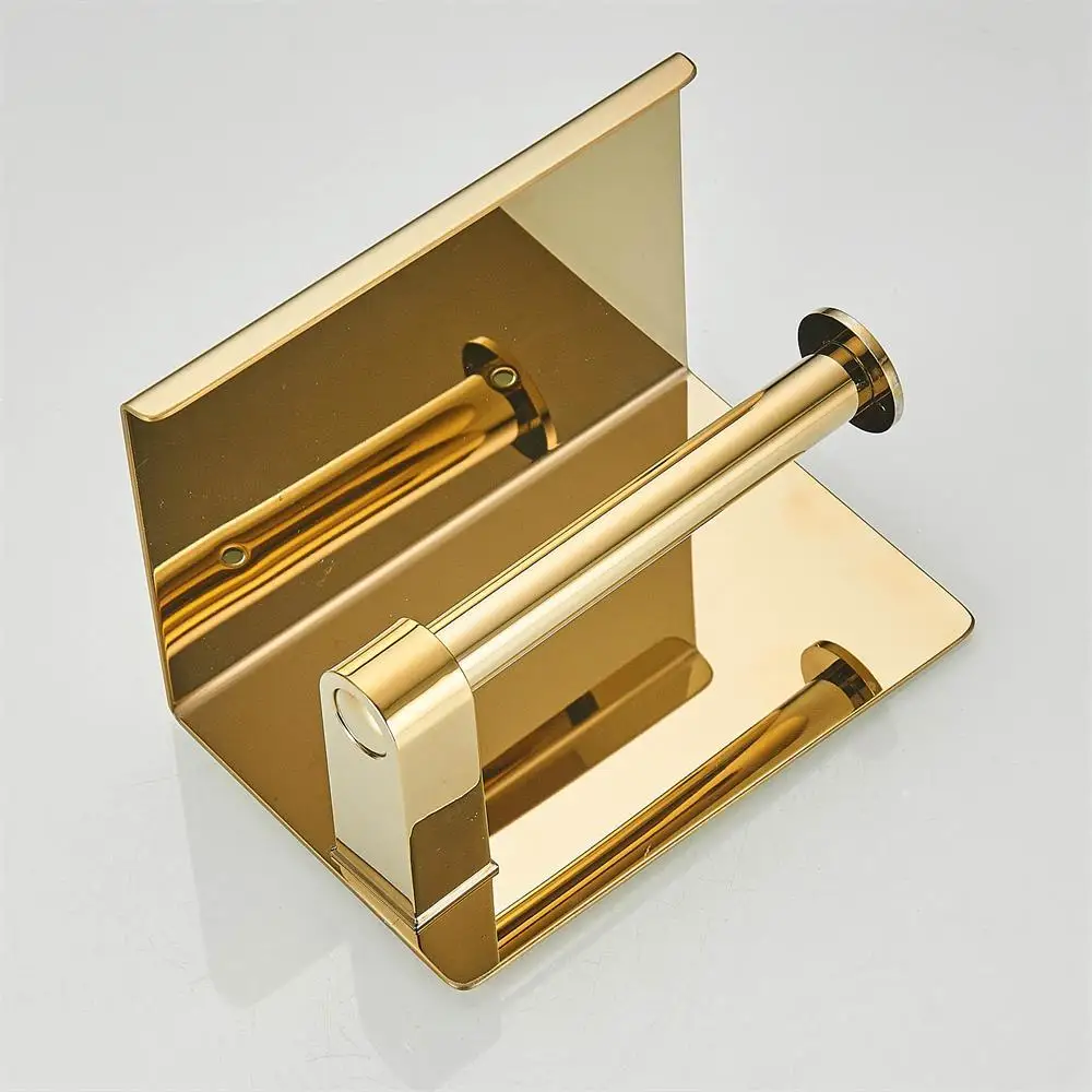 304 Stainless Steel Gold Bathroom Tissue Holder Double Roll Toilet Paper Holder with Phone Shelf Wall Mounted Tissue Dispenser