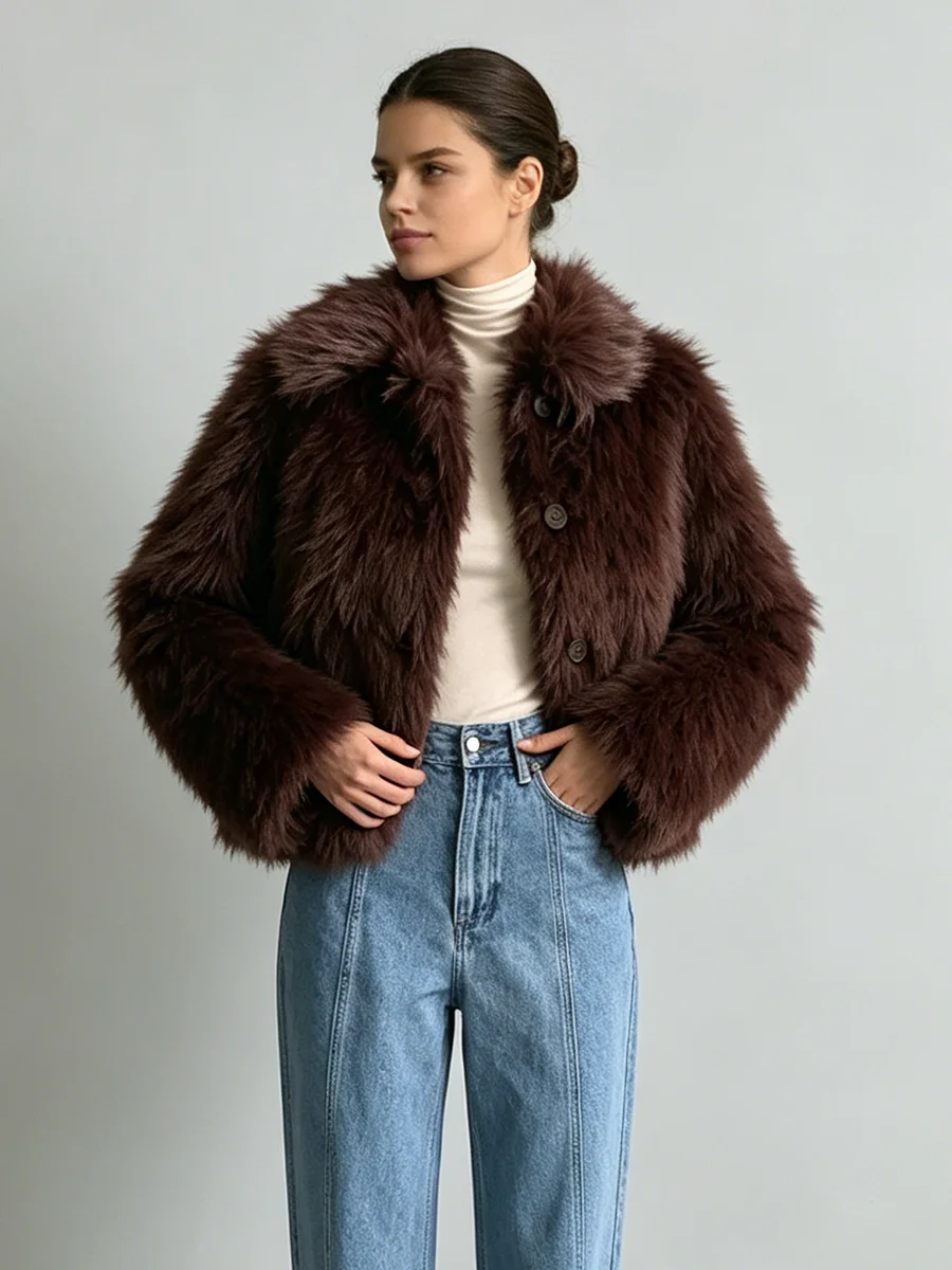 LIMO Women Dark Brown Faux Fur Cropped Jacket Turn Down Collar Single Breasted Fluffy Plush Winter Warm Outerwear