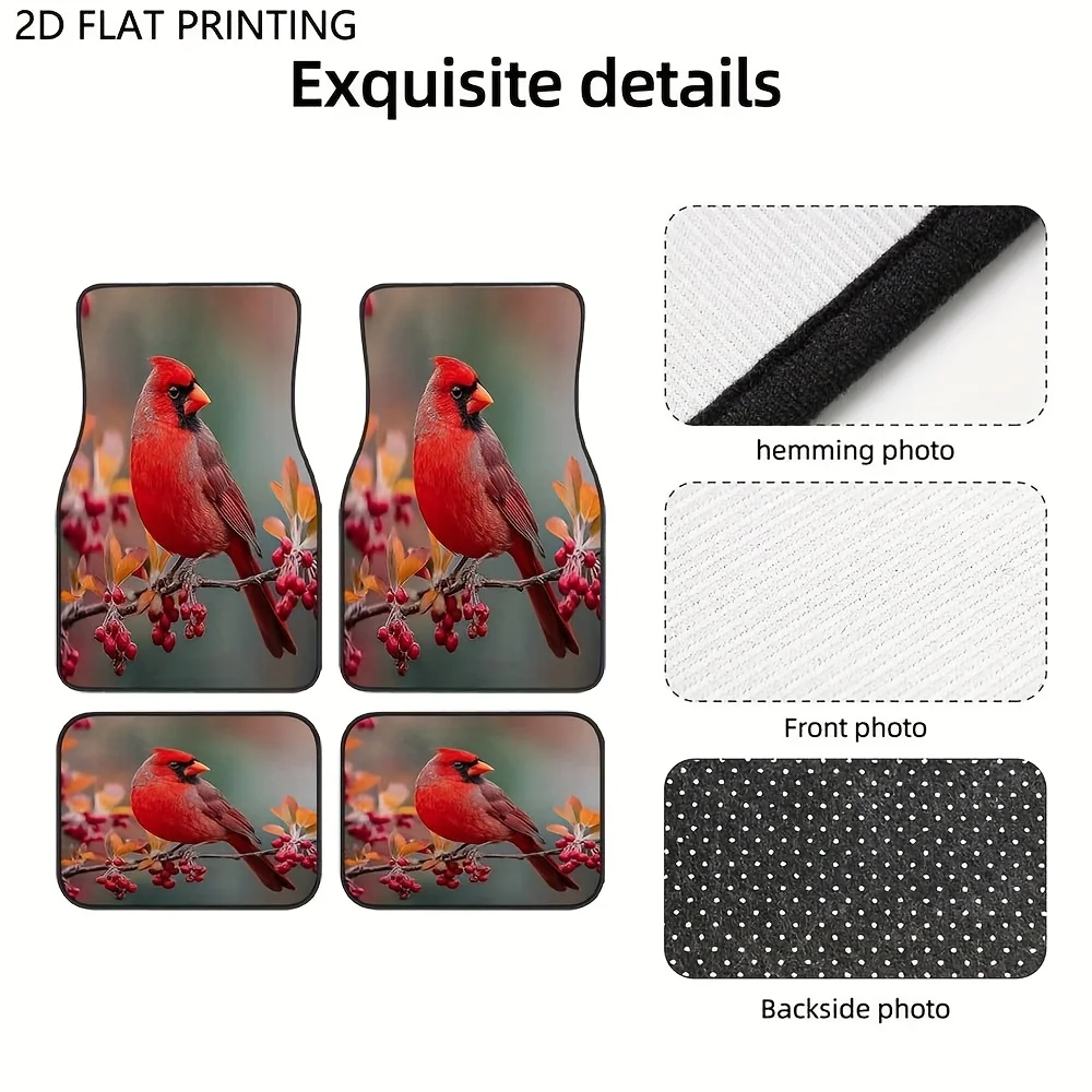 Set Of 4 Car Floor Mats Featuring A Bright Cardinal Bird Design, Made To Last, Slip-Resistant, Easy To Clean, And Easy To Instal