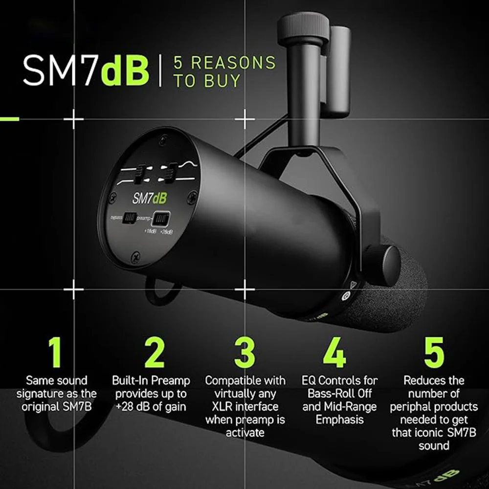 SM7dB Dynamic Microphone Built-in Preamp Studio Selectable Frequency Response Mic for Live Stage Recording Podcasting