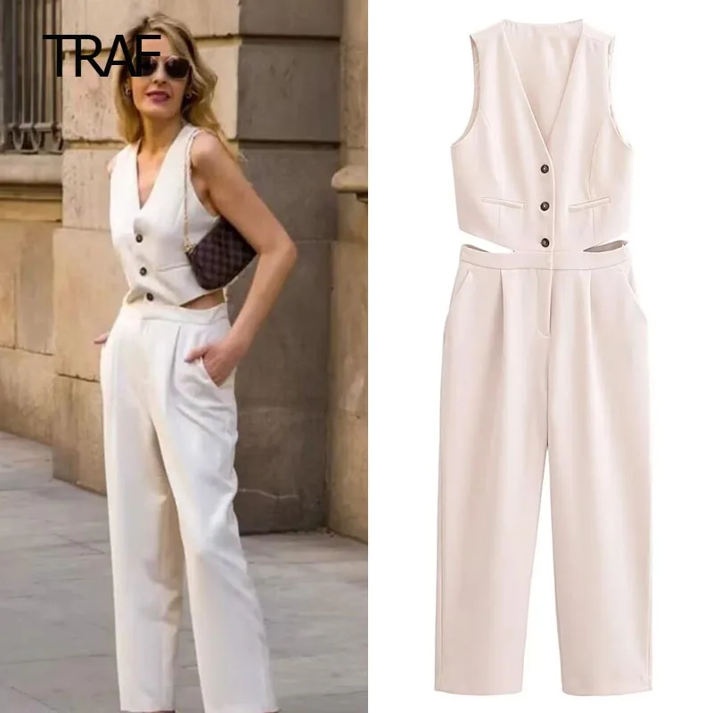 

TRAF Ruffled Cut-Out Jumpsuits Female Jumpsuit Autumn Sleeveless Long Mid Waist Jumpsuits Women Jumpsuit High Quality Luxury