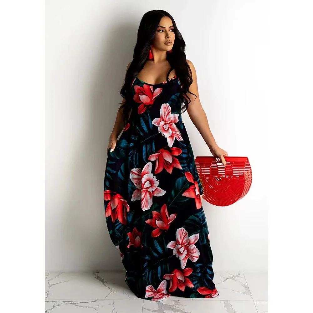 New Women Dress Floral Print Loose Halter Dress Long Skirts