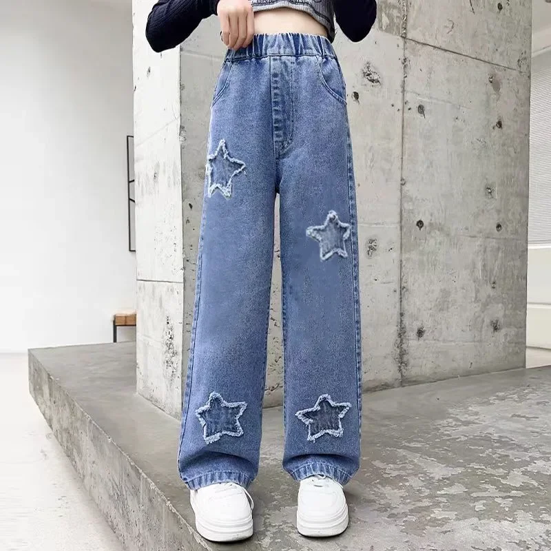 Girls Jeans 2024 Spring New Paste Cloth Five-pointed Star Wide Leg Pants Kids Trendy Teenage Children's Trousers