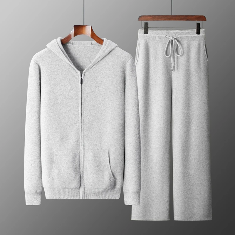 

100% Wool Sweater Set Men Hooded Cardigan Wool Wide Leg Pants Thick Warm Knitwear Autumn Winter Smart Casual Trousers Hoodie