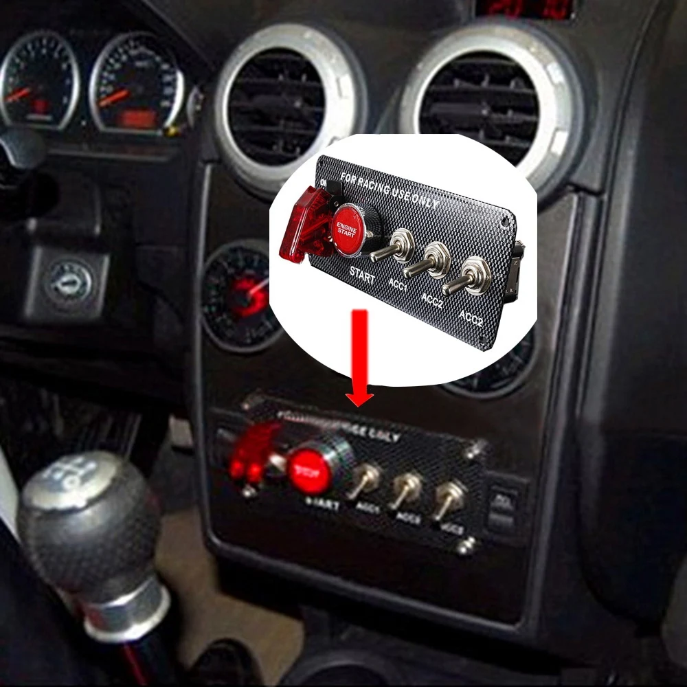 Car 12V LED Toggle Ignition Switch Panel Engine Start Push Button Set Universal for 12V Power Speediness & Racing Car