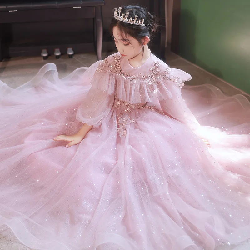 

Girls dress princess pink new autumn and winter girls birthday party flower girl wedding host performance clothes
