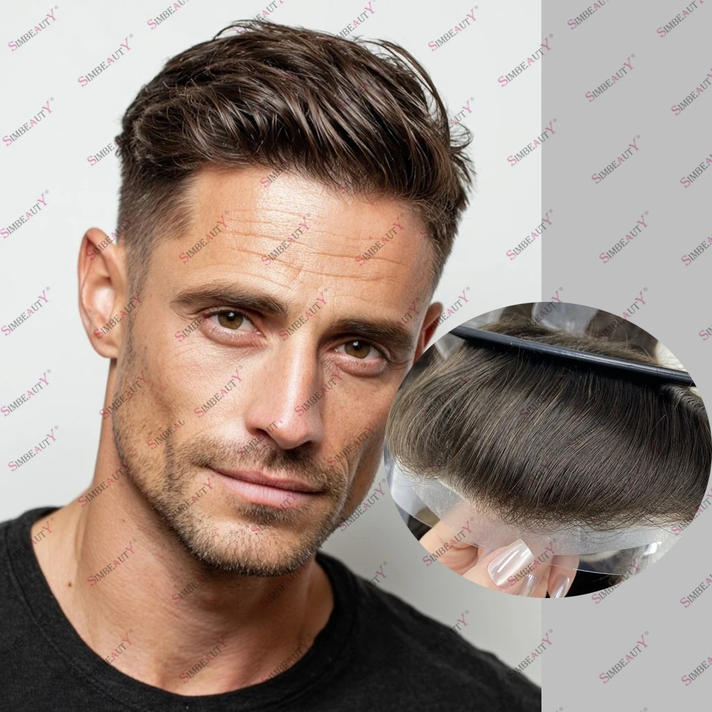 

Европейские коричневые человеческие волосы, прочный, тонкий, искусственный кремний, 0,04 мм, мужской парик, супер натуральная линия волос, Vlooped, необнаружимый парик на лбу