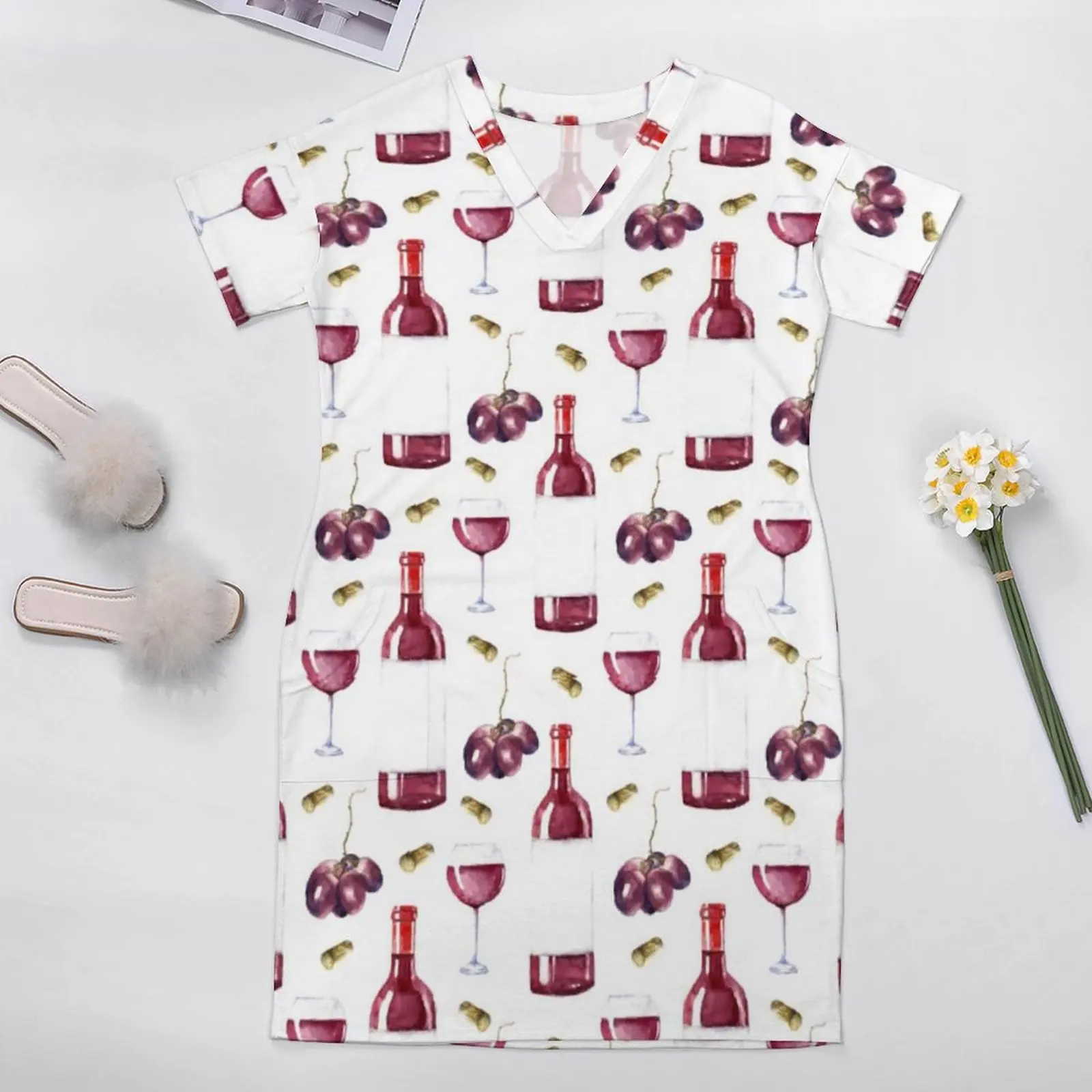 Wine Lover Casual Dress Summer Red Wine Pattern Retro Dresses Womens Short Sleeve Print Korean Fashion Dress Big Size 4XL 5XL