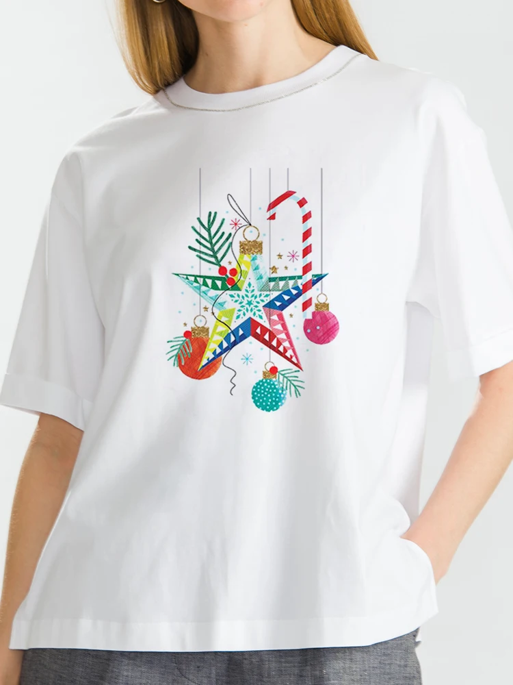 

Christmas Party Fake New Year Women Tshirt Printed Tops Short Sleeve O Neck Loose Travel T-Shirt Ladies Cartoon Festival Tops
