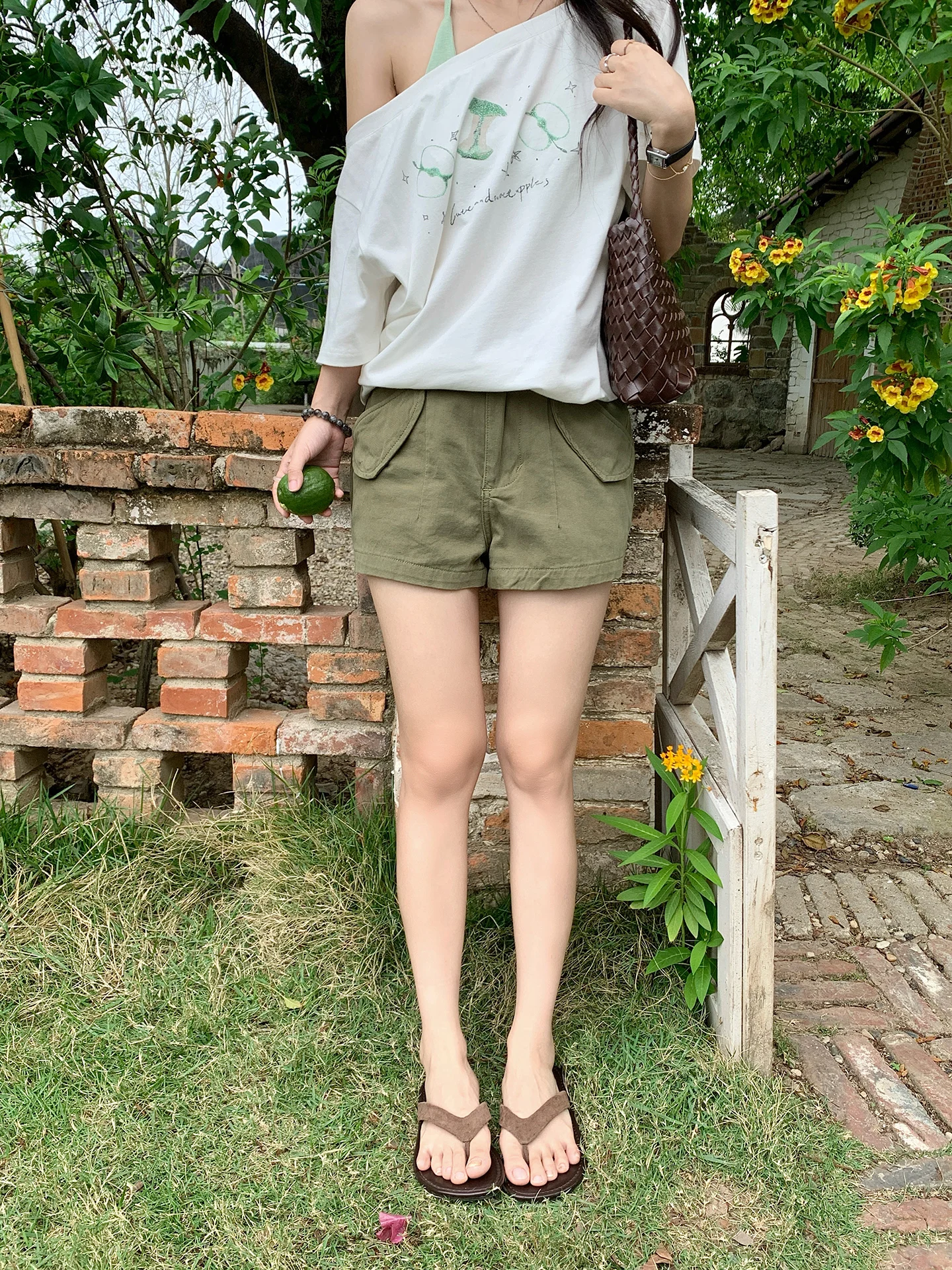 

Military Green Workwear Casual Pants Women's High Waist Straight Leg Cotton Trousers Versatile Short Shorts for Daily Wear