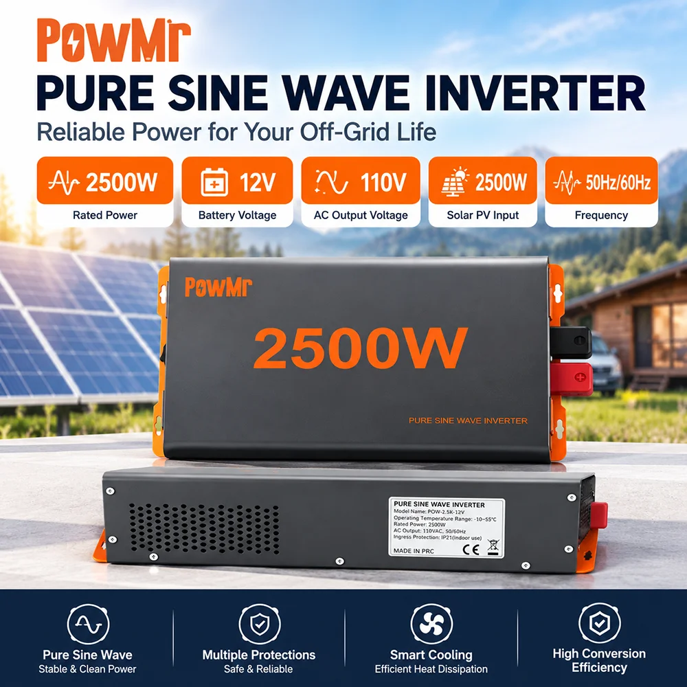 PowMr 2500W Pure Sine Wave Inverter 12VDC to 110VAC Off Grid Solar Inverter 2500W PV Input 50 60Hz Compact Power Converter for Light Home Use RV Backup Power and Solar Systems