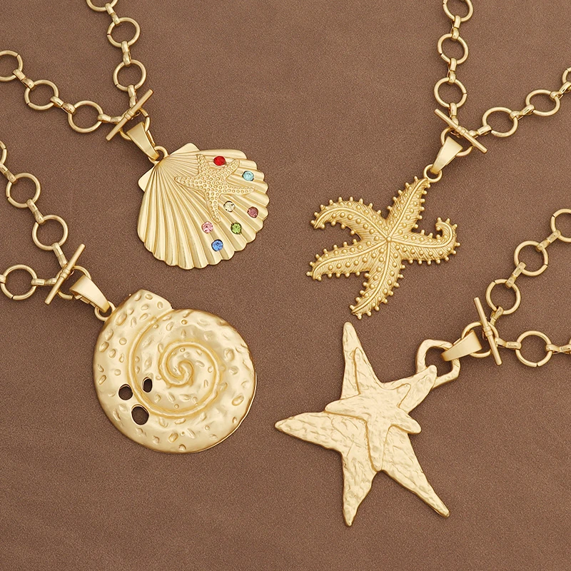 

1 x Fashion Matte Gold Color Large Seashell Starfish Pendant Summer Chunky O-T Chain Necklace Suitable For Vacation/Daily Wear