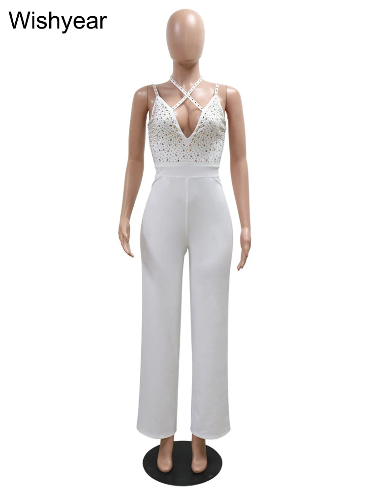 New Hot Women Luxury Rhinestones Strap Wide Leg Pants White Long Jumpsuit Sexy Wedding Party Birthday One Pieces Romper Outfits