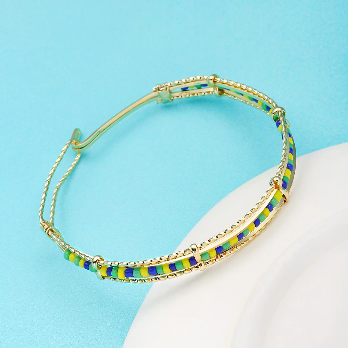 Großhandel Neue Edelstahl Schmuck Grün und Gelb Farbe Orula Armband Mix Perlen Unisex Shango Ochun Armreif Für Frauen – Detail 3