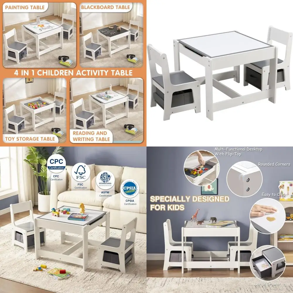 

3-in-1 Wooden Kids Activity Table with Storage, Detachable Play and Reading Set in Grey
