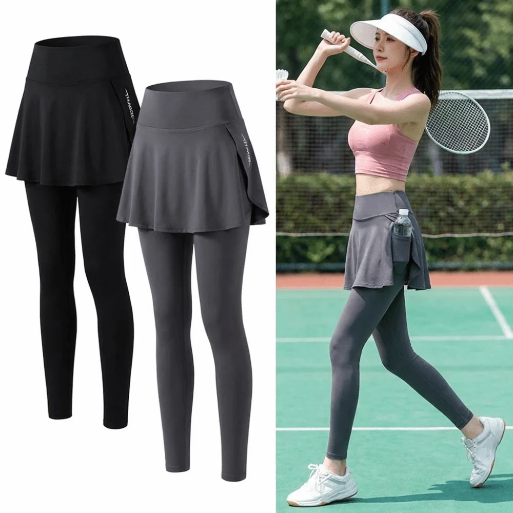 Faux Two Piece Women Yoga Pants Side Pocket Skirt Overlay Skirt Leggings Elastic Waist Slim Fit Sport Leggings Gym Workout