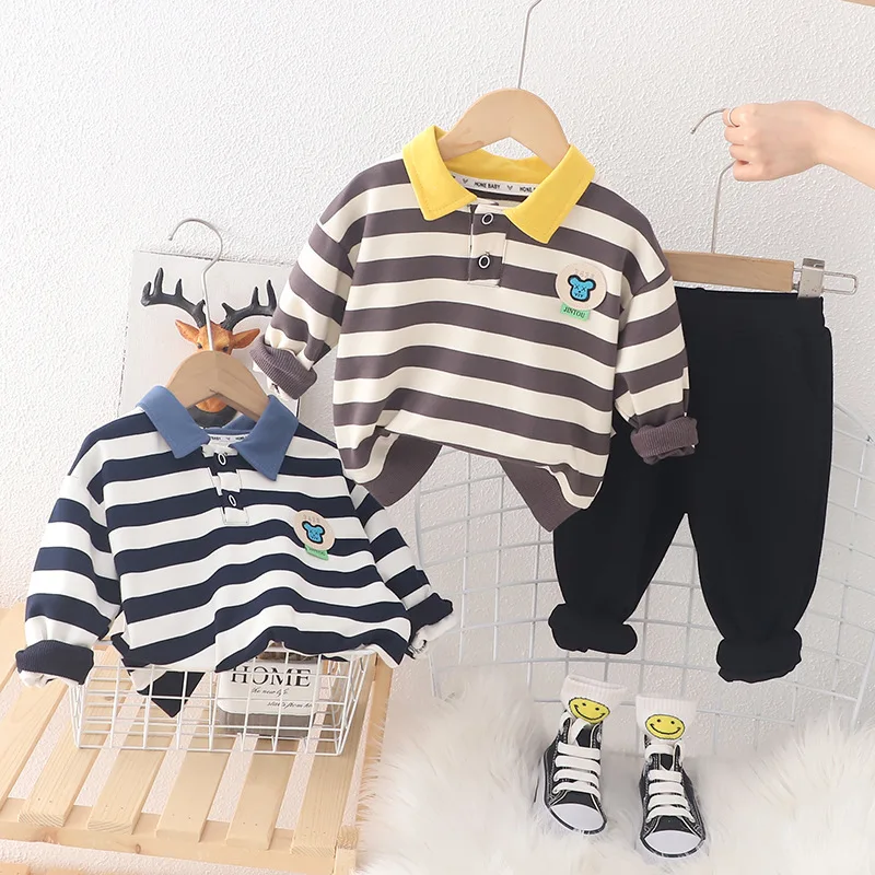 

Cotton Spring Clothes Children's Striped Polo Shirt Long-Sleeved Boys Girls Two-Piece Children's Spring Autumn Suit