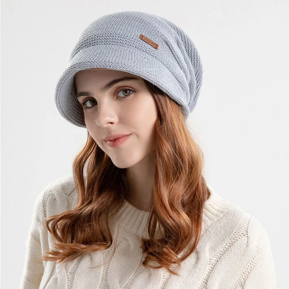 Soft Plush Knitted Hat Casual Short Brim Fleece Lined Bonnet Keep Warm Windproof Ear Protection Women Girl