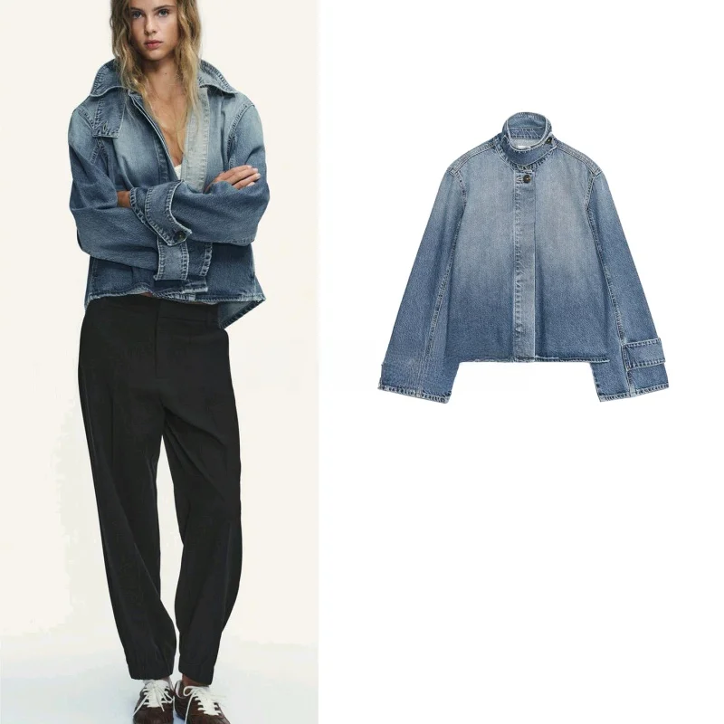 

Весенняя новинка: Женская джинсовая куртка с высоким воротником, длинными рукавами и декоративными пуговицами