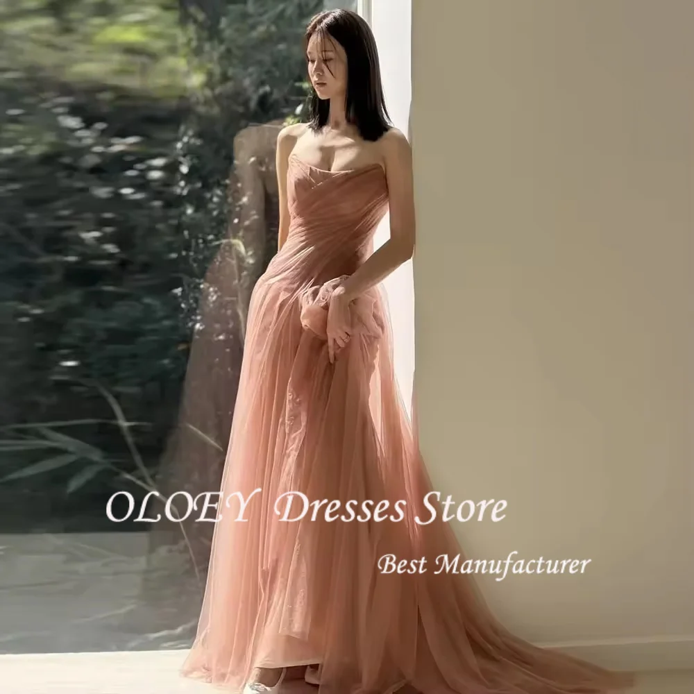 فساتين حفلات الزفاف الكورية الأنيقة من OLOEY كراميل للعروس مخصصة على شكل حرف A بدون حمالات من التل فساتين سهرة ثوب زفاف ذاتي