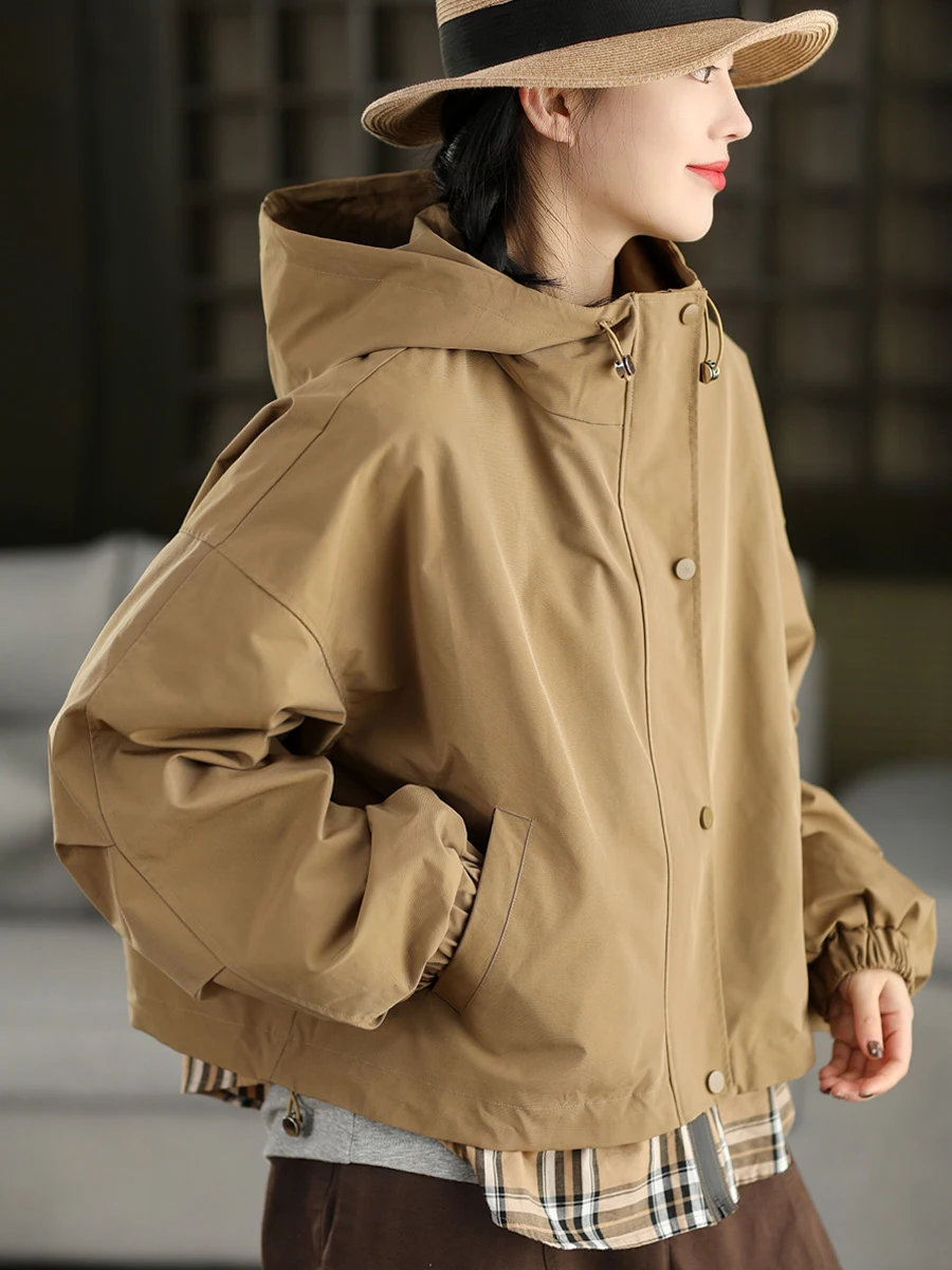 

YuanYuanMei 00% Cotton Hooded Plaid Jaet Double Layer Fake Two-Piece Workwear Coat Spring Faion Ladies' ort Outerwear