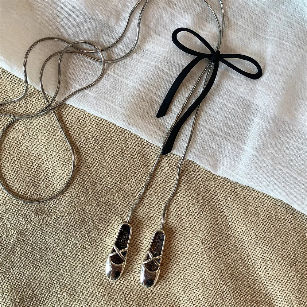 Adjuastable Drawstring Long Tassel Necklace for Women Geometric Bow Knot Dance Shoes Pendant Necklace Sweater Chain Jewelry Gift