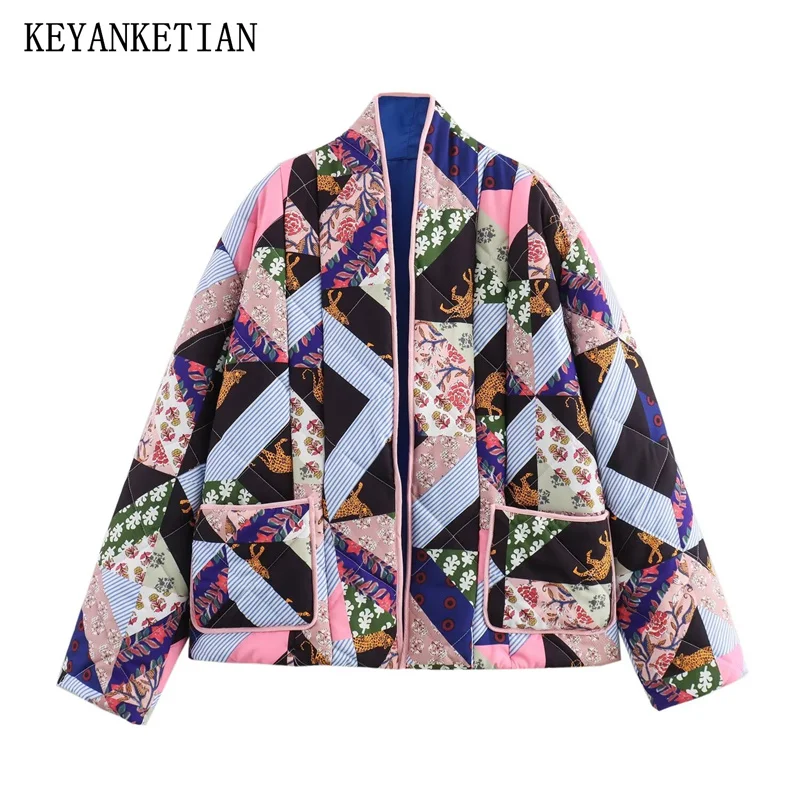 KEYANKETIAN 2024 Autumn/Winter New Women's Geometric Totem Print Quilted Outwear Jacket Retro stylePockets Oversize Short Coat