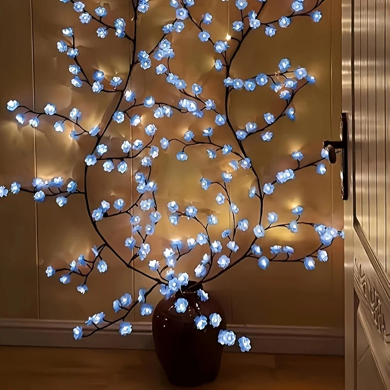 72LED Blue Cherry Blossom Vine Branch String Lights, USB Powered 8‑Mode Fairy Lights for Bedroom Home Decoration