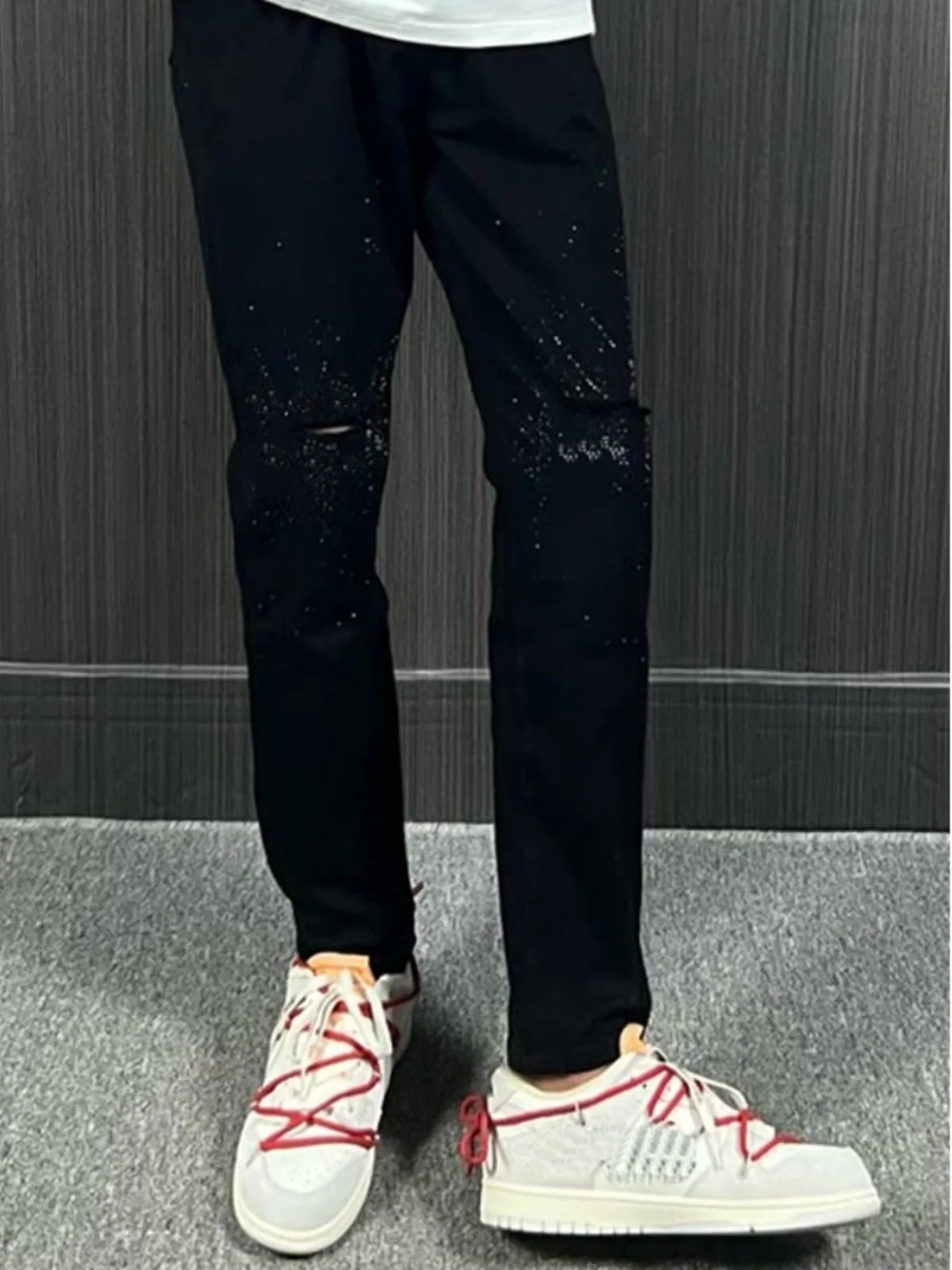 

Ele Bla Rhinestone Embellied Slim Fit Casual Jeans Men's Spring Autumn Elastic Cuffed Long Pants Youth Trendy Sle